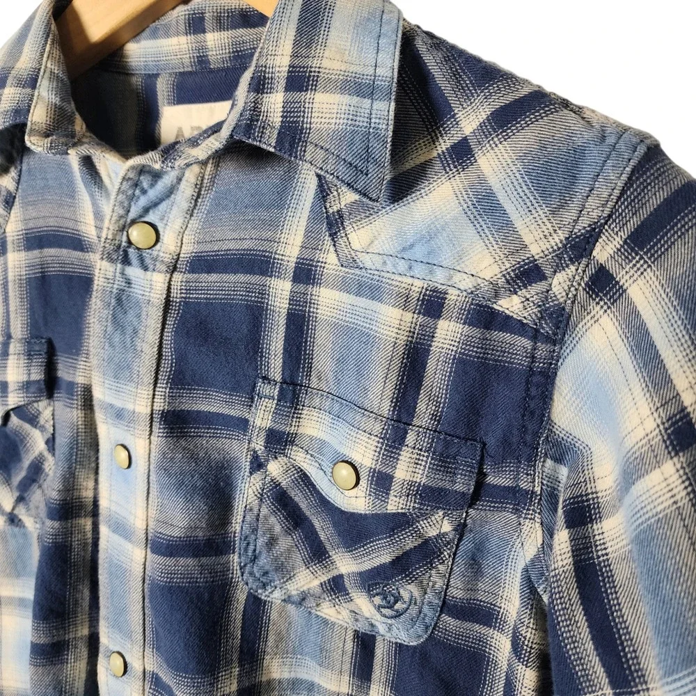 Ariat Retro Fit Plaid Western Snap Button Long Sleeve Shirt‎ L Boy Kid Blue